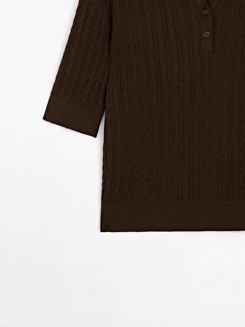 Polo laine en maille tressée