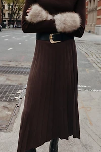 SUEDE EFFECT PLEATED MIDI SKIRT WITH BELT