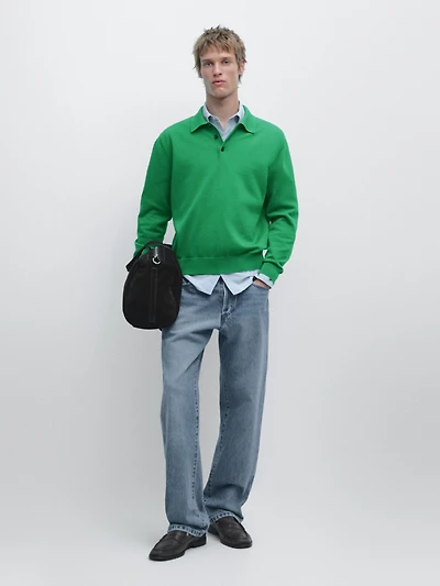 Cotton knit polo collar sweater