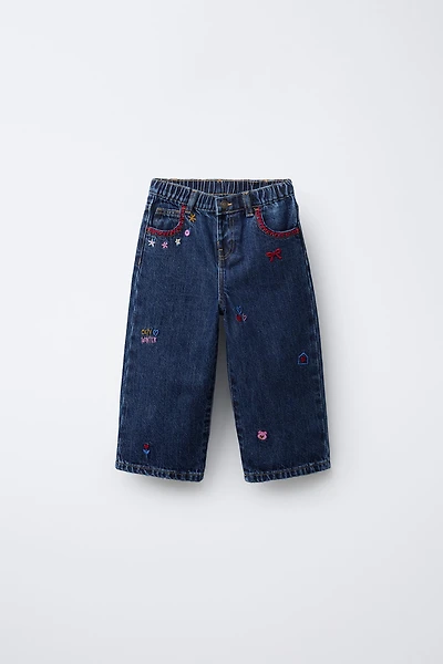 CONTRAST EMBROIDERED CULOTTE JEANS