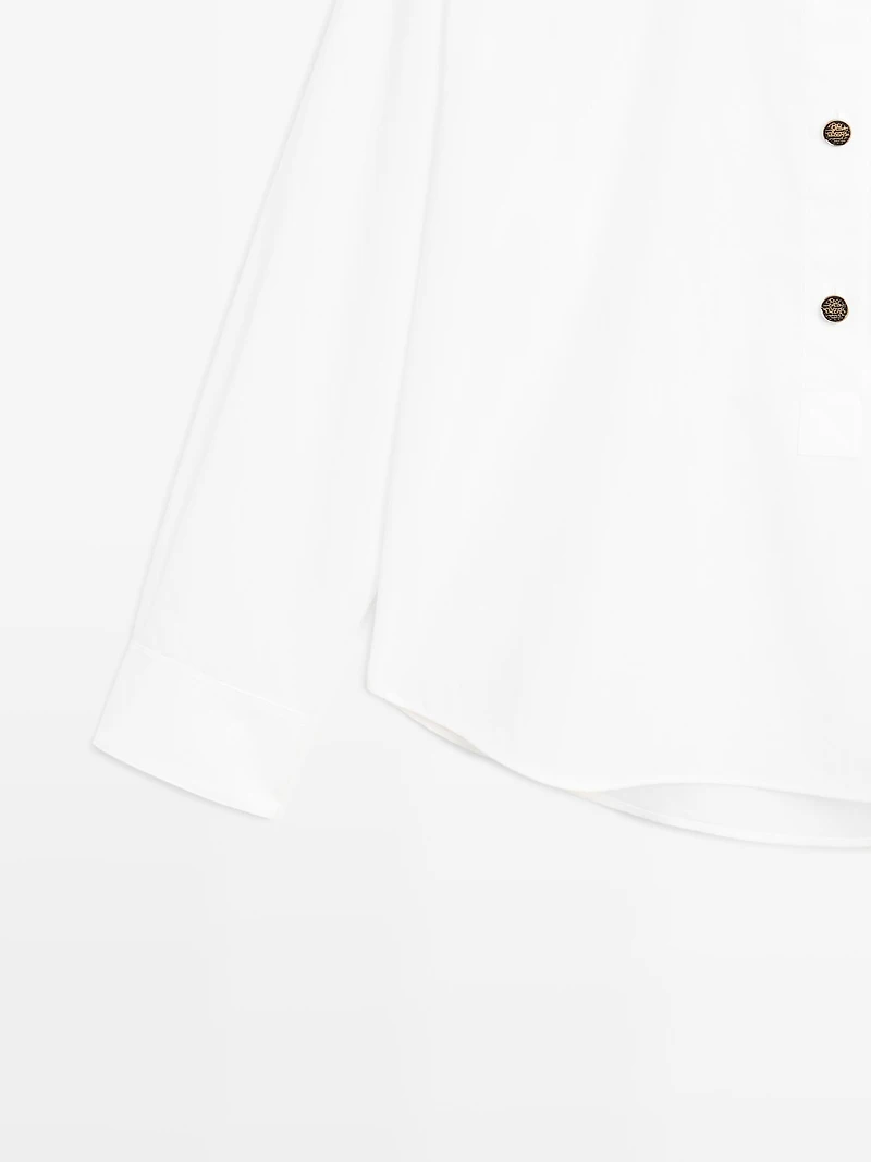 Stand collar shirt with gold buttons