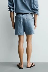 RELAXED FIT PLEATED DENIM SHORTS