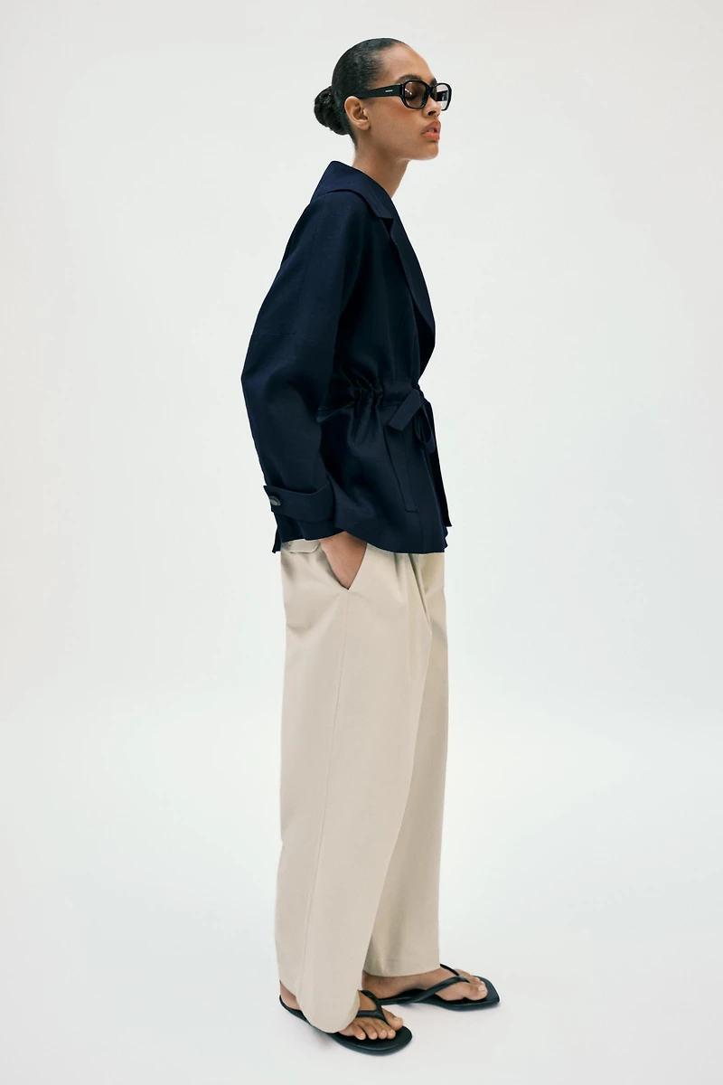 LINEN BLEND BELTED TRENCH JACKET