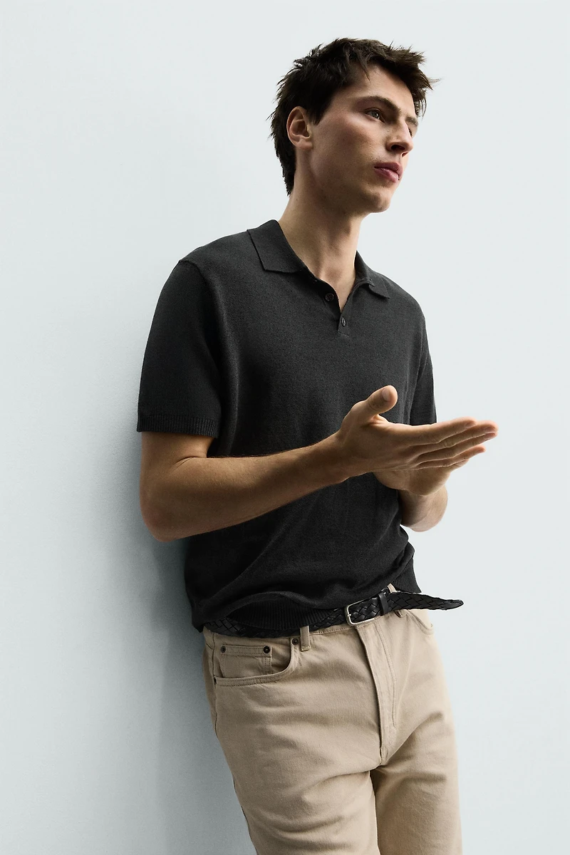 KNIT LINEN COTTON BLEND POLO SHIRT