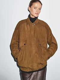 Suede leather bomber jacket with pockets