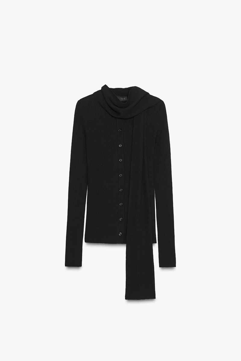 RIBBED KNIT CARDIGAN WITH SCARF