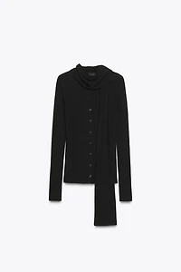 RIBBED KNIT CARDIGAN WITH SCARF