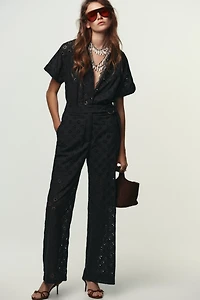 EMBROIDERED EYELET BUCKLE JUMPSUIT