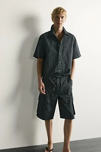 STRIPED COTTON-LINEN DENIM CARGO SHORTS