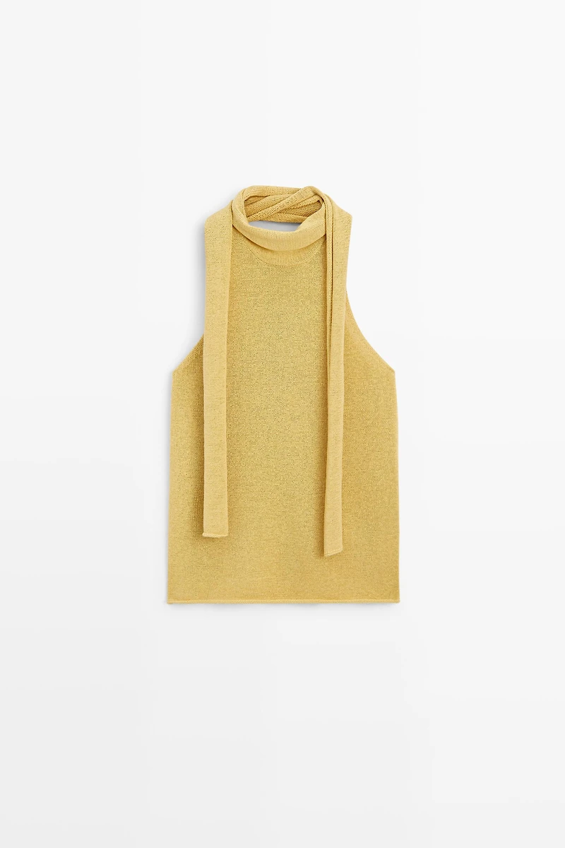 Linen blend halter top with tie detail