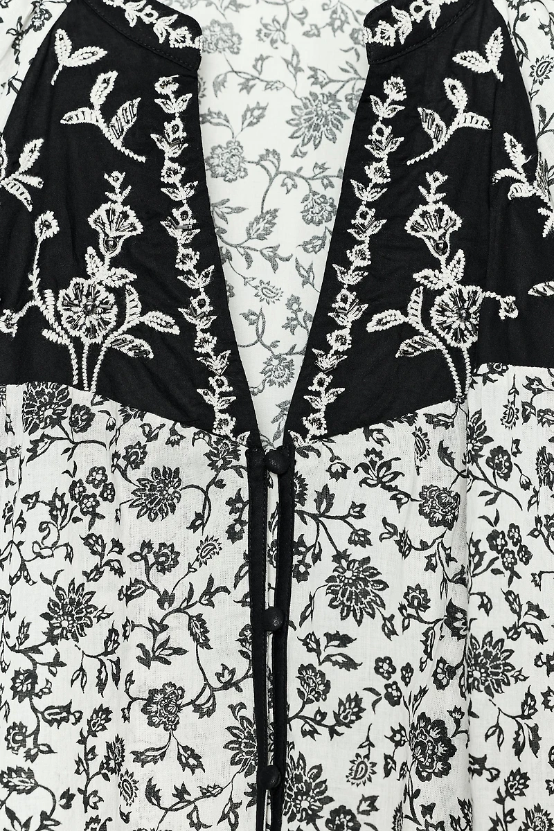 FLORAL PRINT BEADED EMBROIDERY BLOUSE