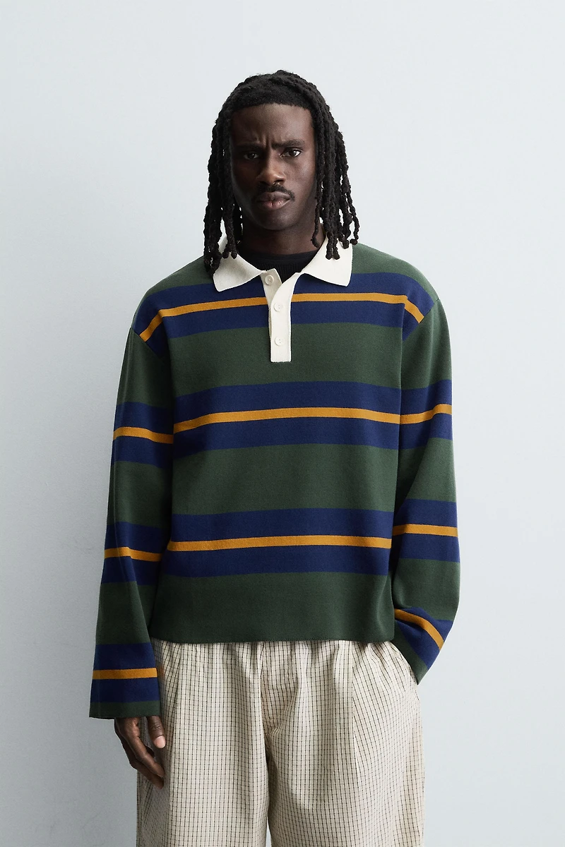 STRIPED KNIT POLO SHIRT WITH CONTRAST COLLAR