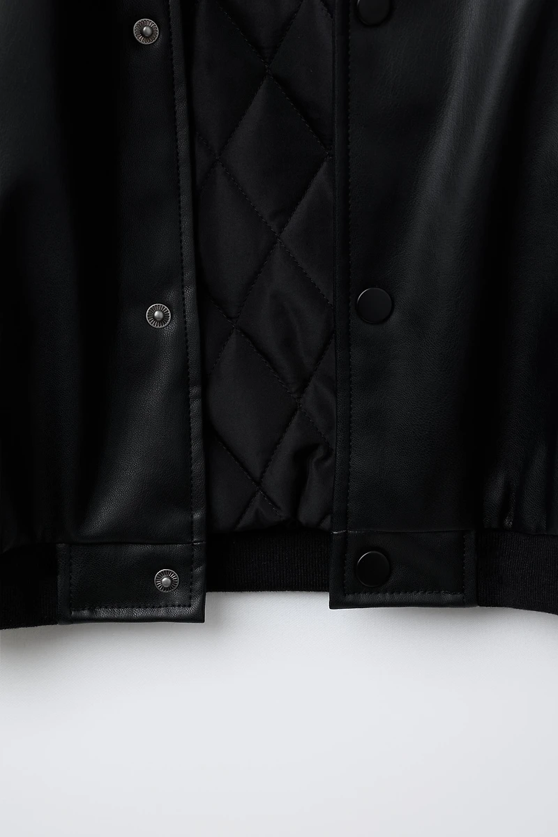 EMBROIDERED TEXT FAUX LEATHER BOMBER JACKET
