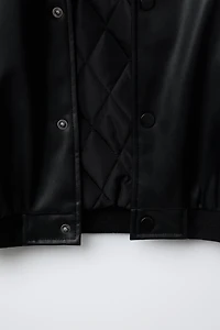 EMBROIDERED TEXT FAUX LEATHER BOMBER JACKET