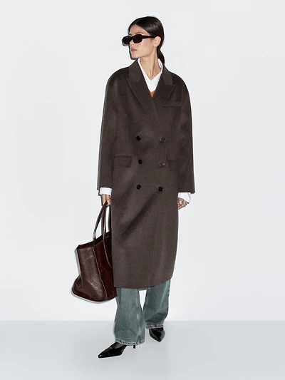 Manteau long croisé en laine mélangée
