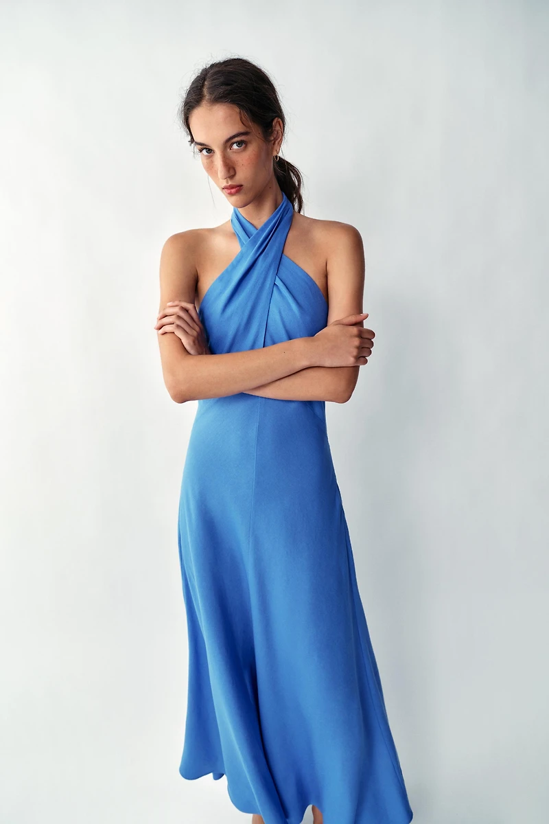 ROBE MI-LONGUE HALTER EN LIN