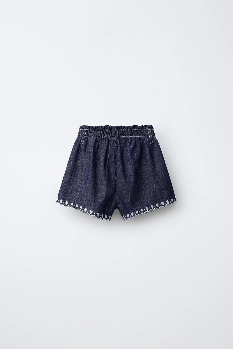 FLOWY EMBROIDERED FLORAL DENIM SHORTS