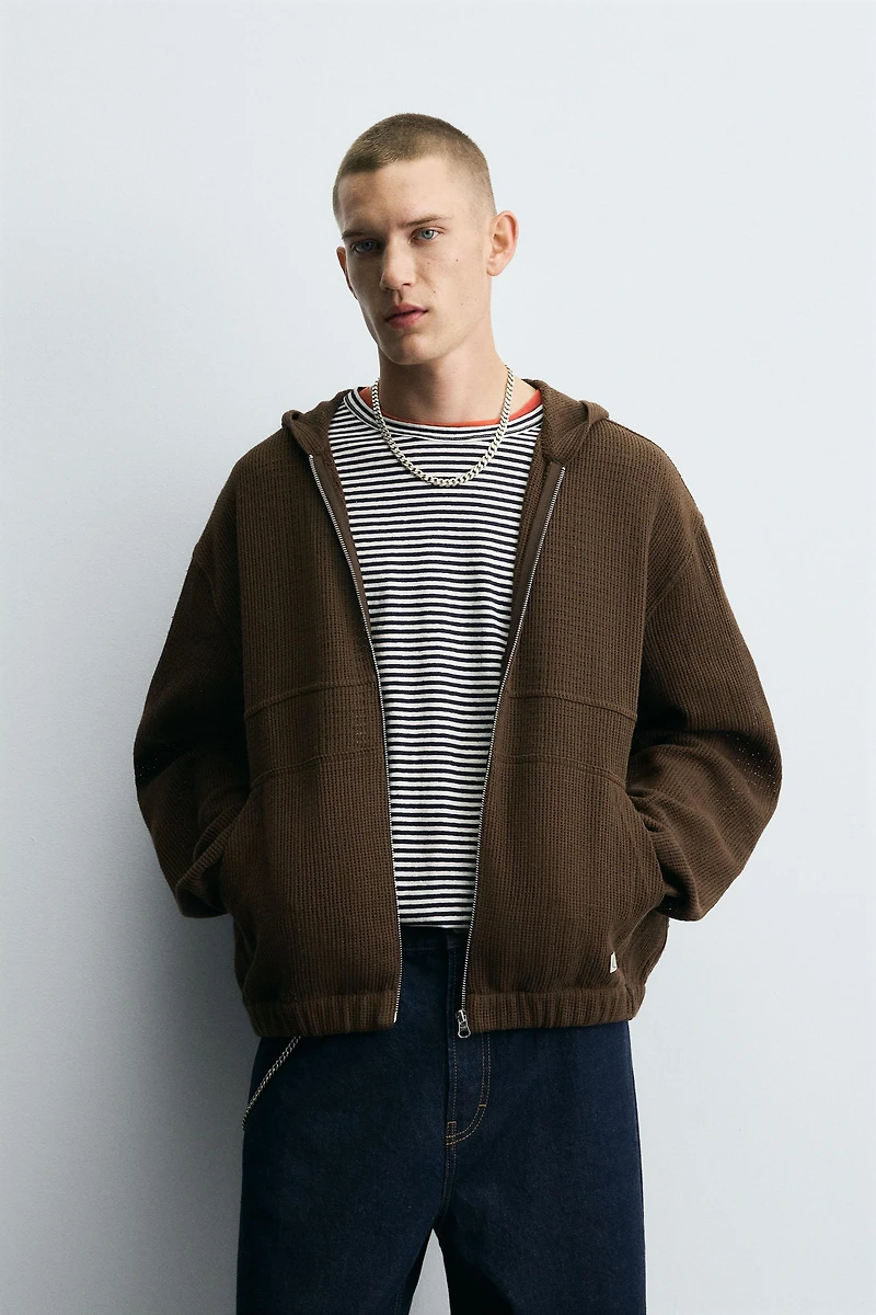 HOODED OPEN-KNIT OVERSHIRT