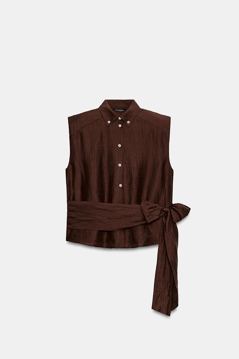 LINEN BELTED SHOULDER PAD TOP