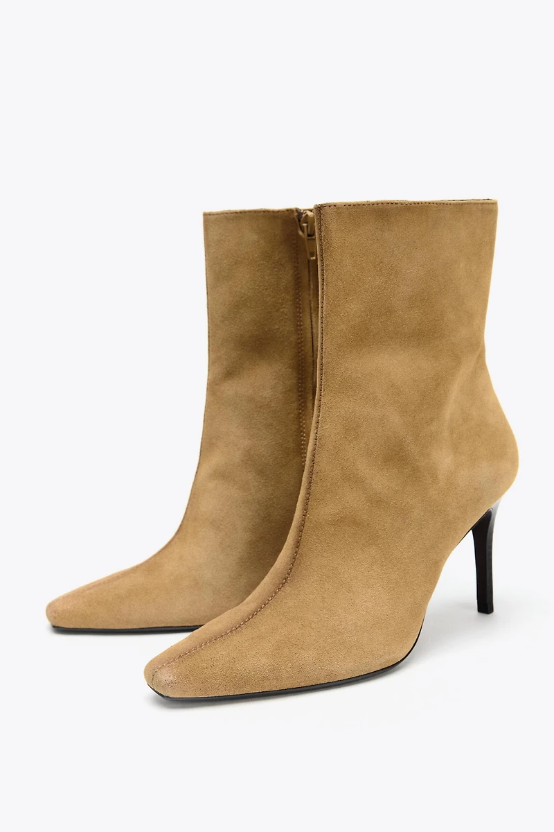 SPLIT LEATHER STILETTO HEEL ANKLE BOOTS