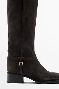 Split suede leather flat boots with side buckle