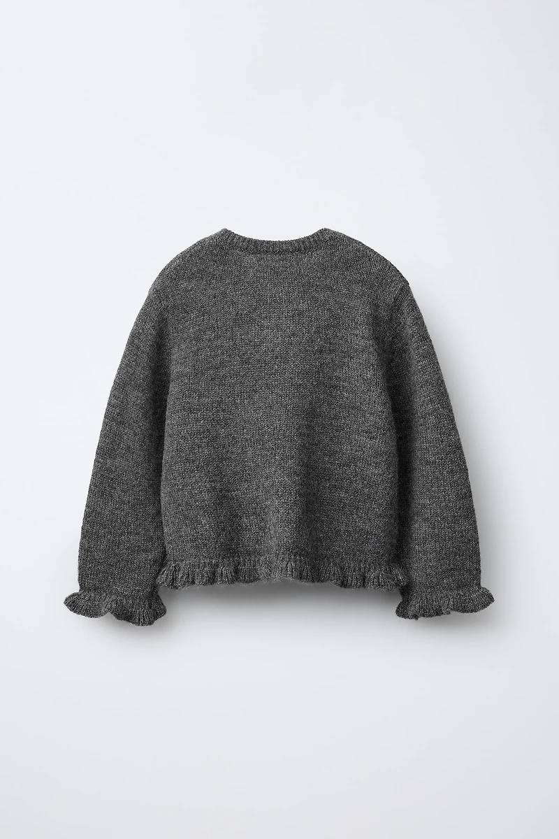 RUFFLED WOOL KNIT CARDIGAN