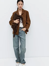 Suede leather blazer with topstitching