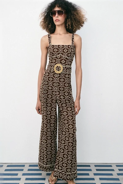 PERFORATED EMBROIDERED BELTED JUMPSUIT