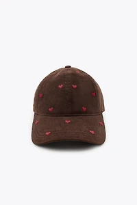 CORDUROY CAP WITH HEART EMBROIDERY