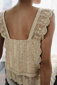 SATIN EFFECT PLEATED LACE TOP