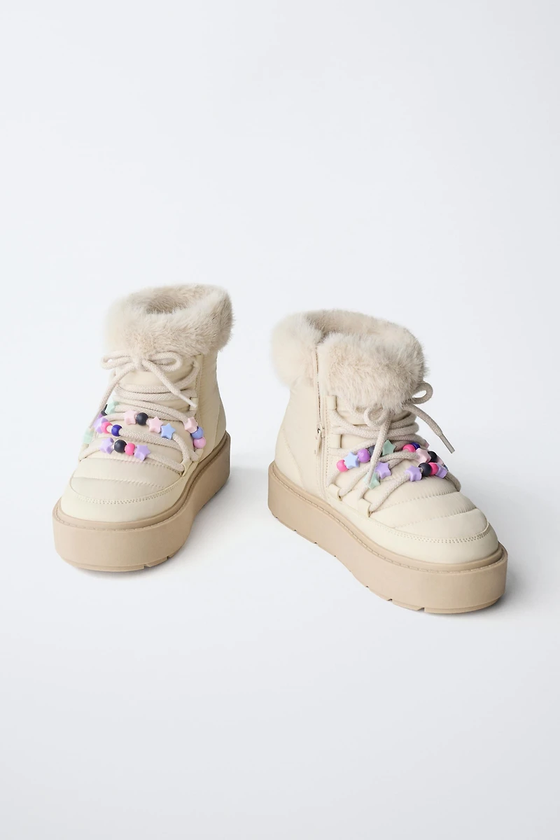 BEADED FAUX FUR ANKLE BOOTS