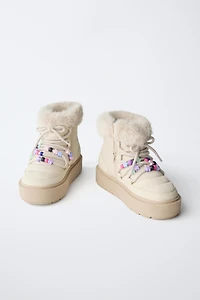 BEADED FAUX FUR ANKLE BOOTS