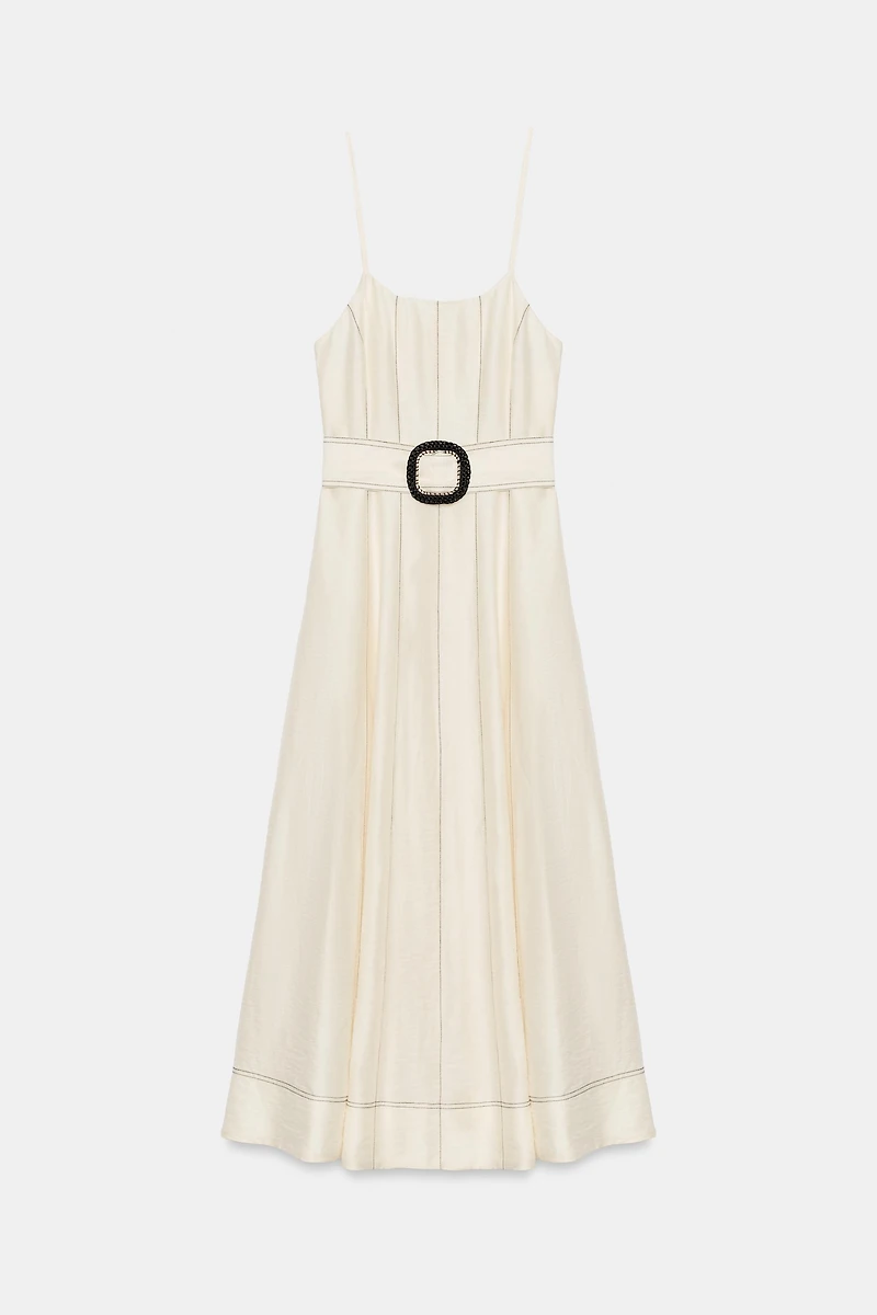 LINEN MIDI DRESS WITH CONTRAST STITCHING AND BELT