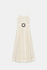 LINEN MIDI DRESS WITH CONTRAST STITCHING AND BELT