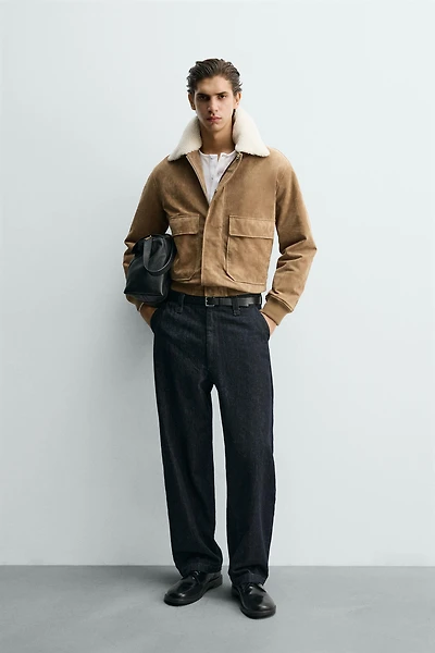 FLEECE TRIM SUEDE LEATHER JACKET