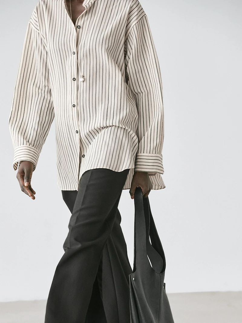 Striped flowing shirt with stand collar