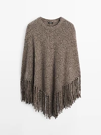 Wool blend mouliné knit cape with fringing