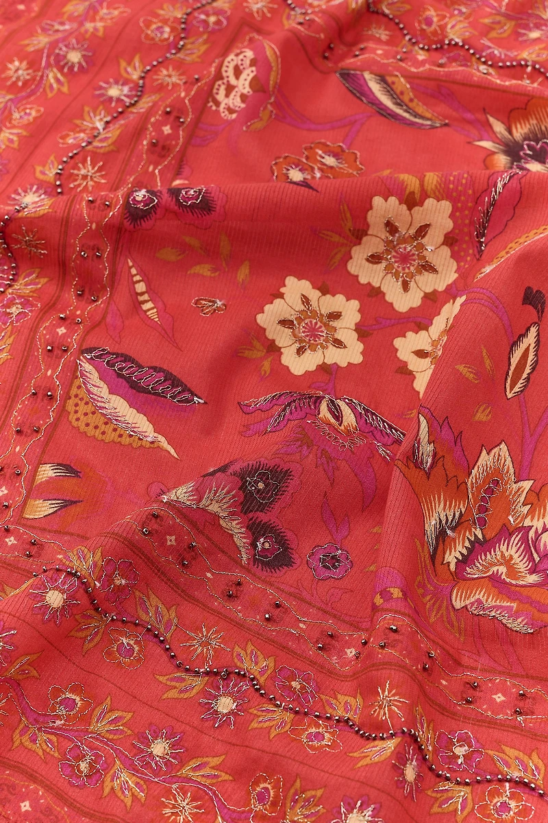 BEADED FLORAL EMBROIDERY PRINT SCARF