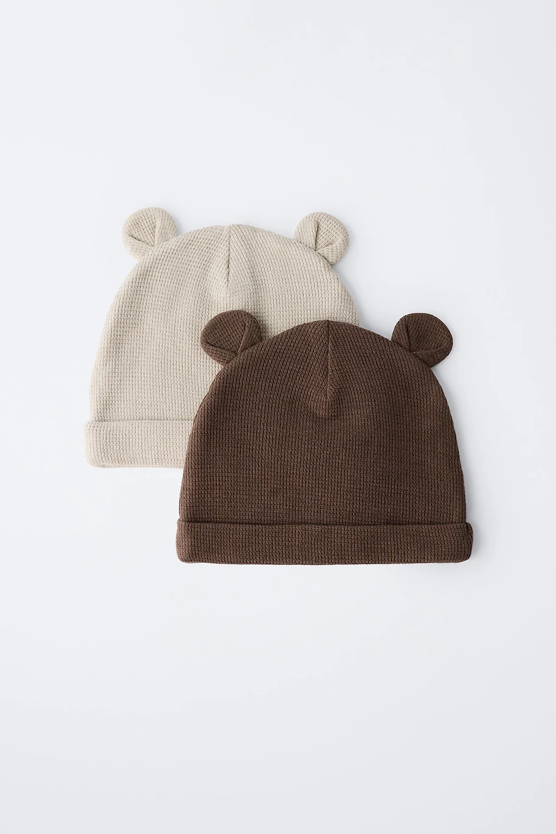 TWO-PACK OF WAFFLE KNIT EAR HATS