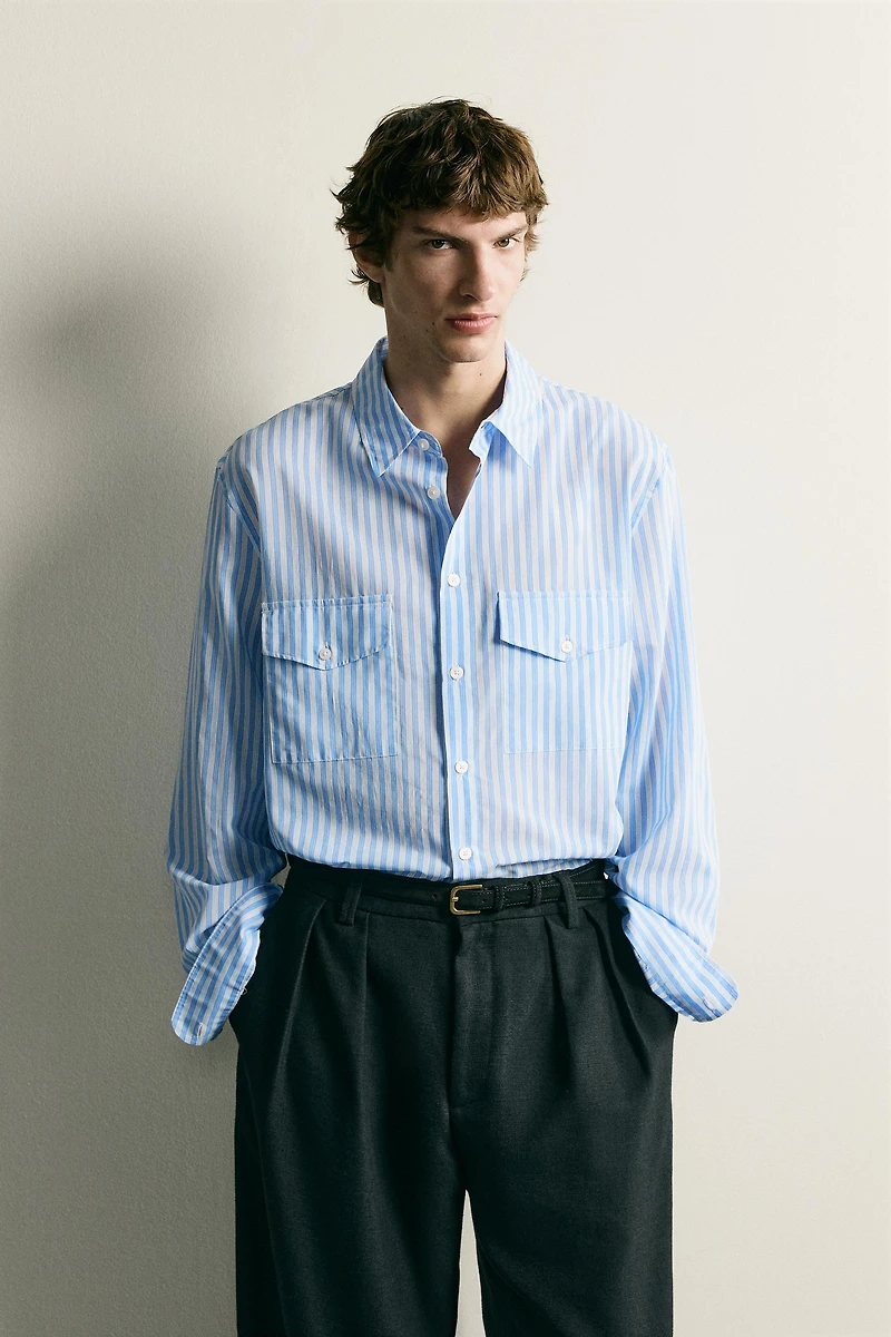 STRIPED FLOWY POCKET SHIRT