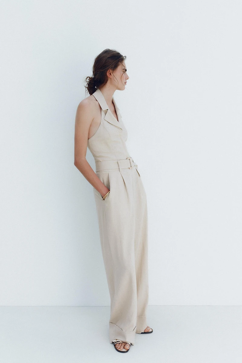 HALTER LINEN BELTED JUMPSUIT
