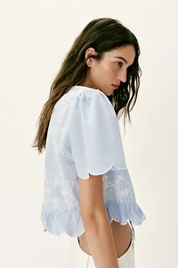 PERFORATED EMBROIDERED TIE BLOUSE