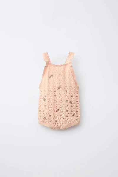 EMBROIDERED FLORAL POINTELLE KNIT ROMPER