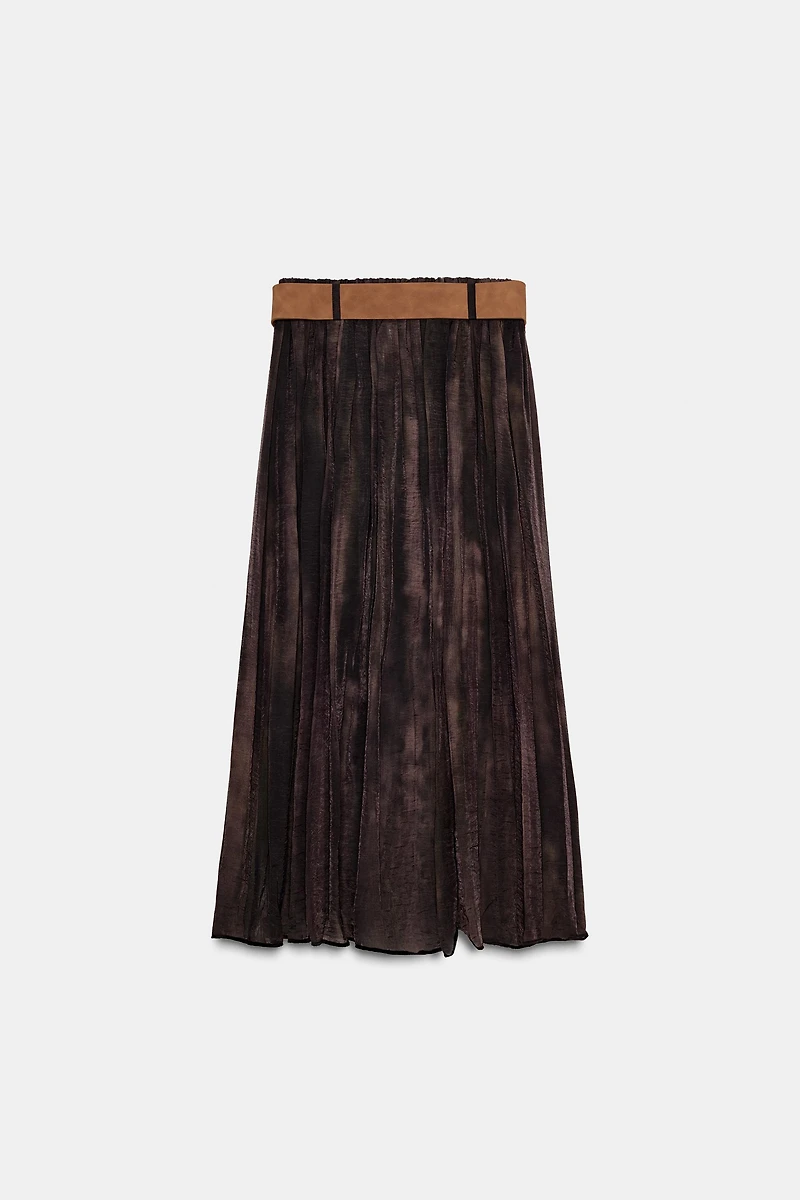 FADED PRINT BELTED MIDI SKIRT