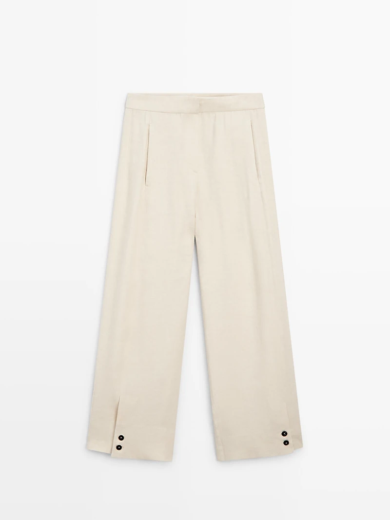 Linen blend suit trousers with button detail