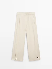 Linen blend suit trousers with button detail