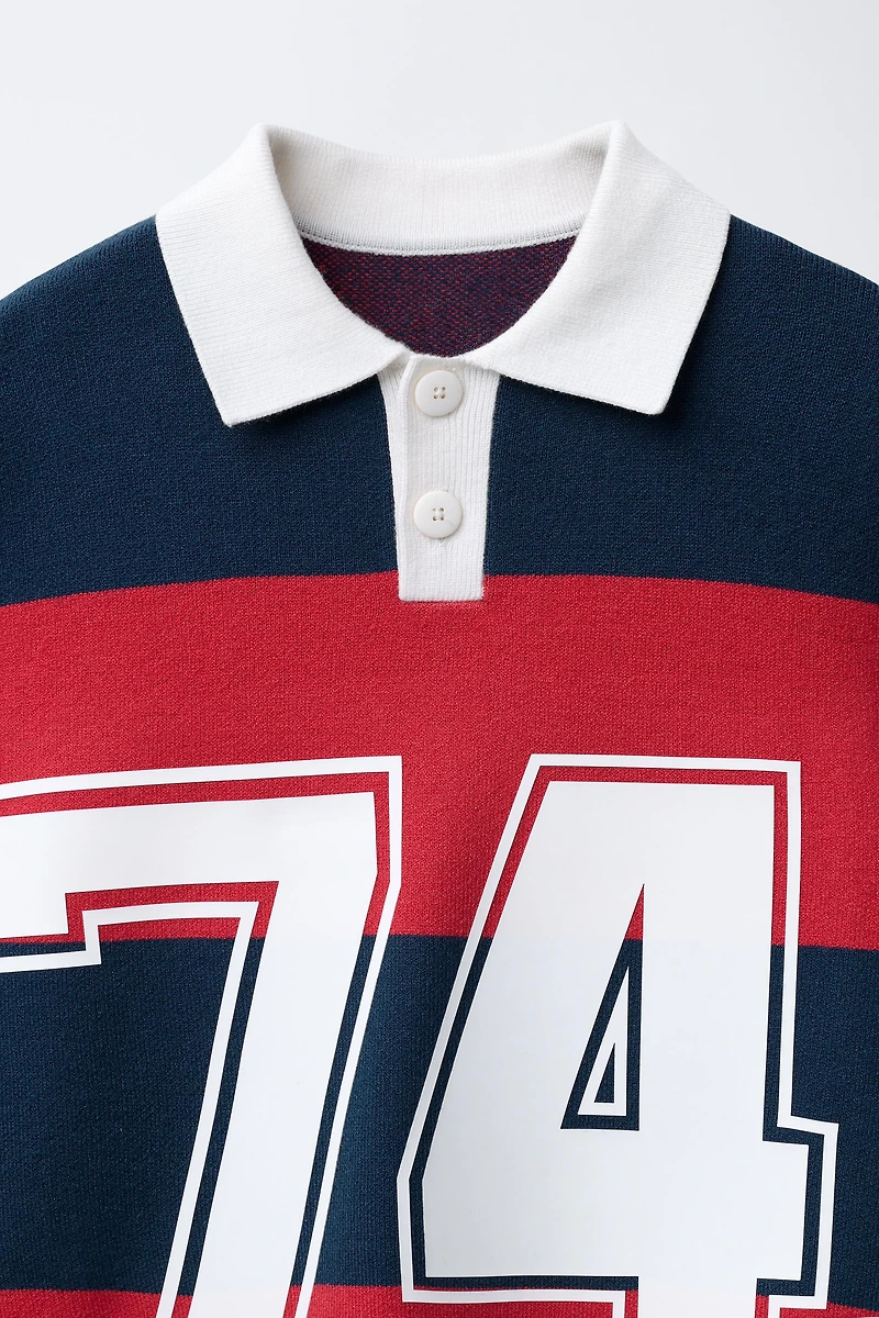 STRIPED VARSITY KNIT POLO SWEATER