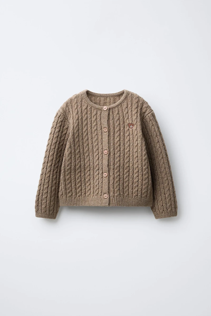 WOOL EMBROIDERED CABLE-KNIT CARDIGAN