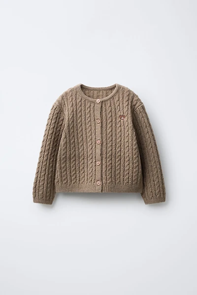 WOOL EMBROIDERED CABLE-KNIT CARDIGAN