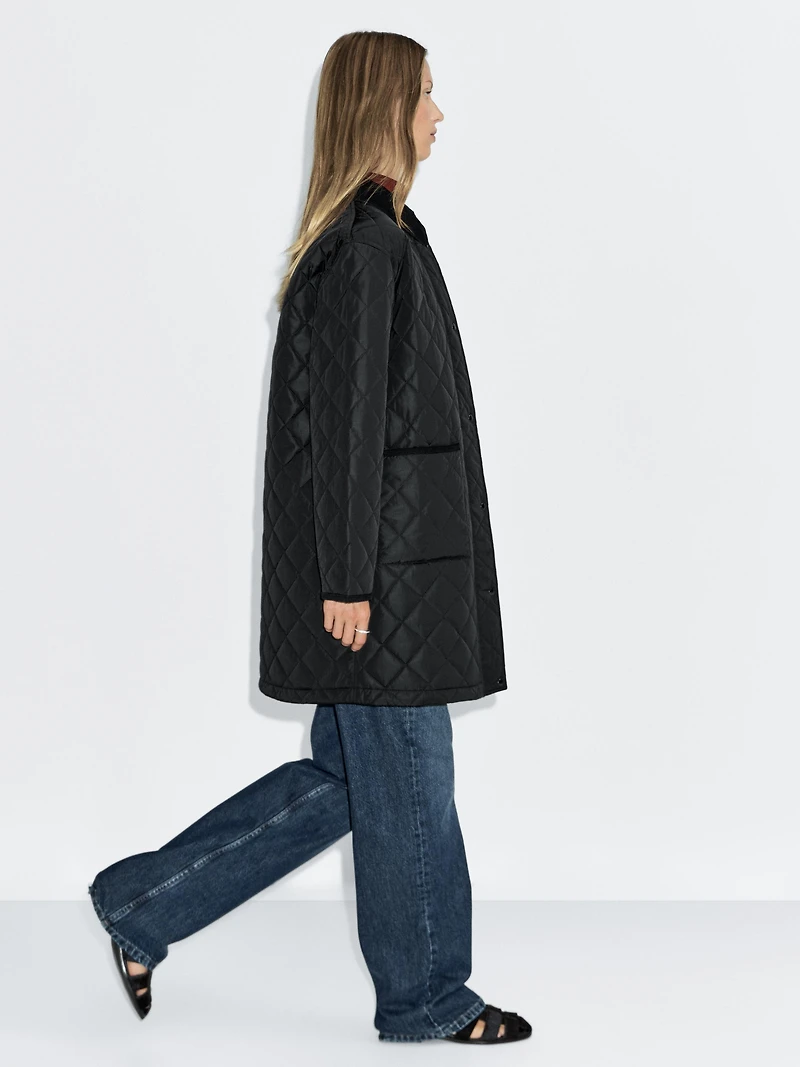 Long lightweight puffer jacket with corduroy detail